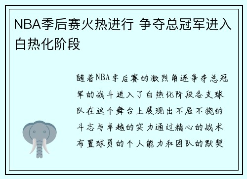 NBA季后赛火热进行 争夺总冠军进入白热化阶段