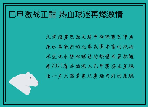 巴甲激战正酣 热血球迷再燃激情