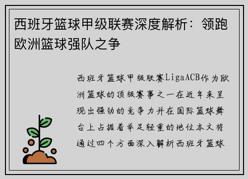 西班牙篮球甲级联赛深度解析：领跑欧洲篮球强队之争