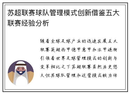 苏超联赛球队管理模式创新借鉴五大联赛经验分析